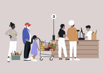 A supermarket cash register scene with a diverse group of people, each with carts and baskets, patiently waiting in line