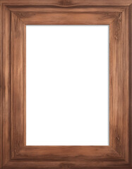 Old brown centered wooden frame isolated on transparent background. Antique old portrait rectangle vertical rustic wood frame border mock up for poster 