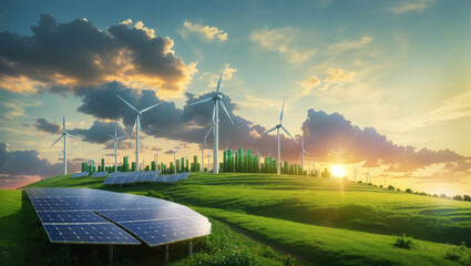 Clean energy with wind turbines and solar panels at sunset. Renewable energy concept. ai generative