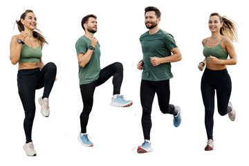 People warm up fitness in sportswear and running shoes jogging workout. Runners are friends of athletes in full growth active lifestyle.  Transparent isolated background.