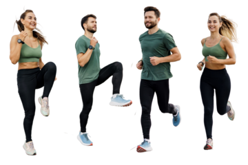 People warm up fitness in sportswear and running shoes jogging workout. Runners are friends of athletes in full growth active lifestyle.  Transparent isolated background.