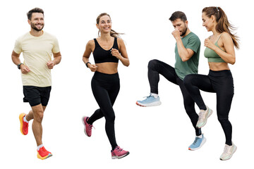 People warm up fitness in sportswear and running shoes jogging workout. Runners are friends of...