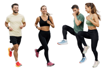 People warm up fitness in sportswear and running shoes jogging workout. Runners are friends of athletes in full growth active lifestyle.  Transparent isolated background.