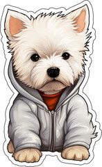 Westie Dog Sticker with cut lines, wearing a white hoodie