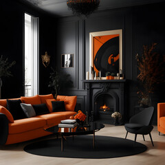 Naklejka premium black living room with fireplace, a luxurious black and orange living room. made by AI