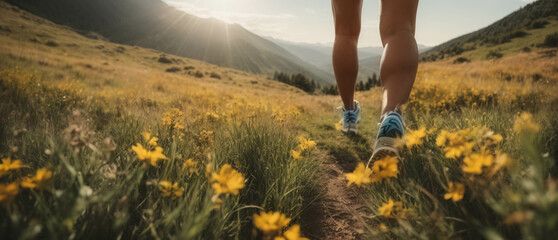 legs of athlete running in the mountain on a beautiful sunny day- Runner training in the mountain -...