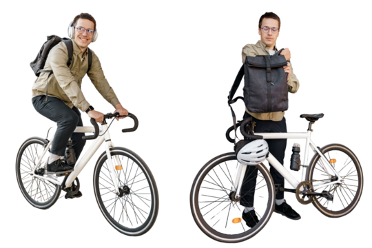 Male cyclist uses bicycle and backpack, fast courier delivery. Ecotransport for the city bike.  Transparent isolated background.