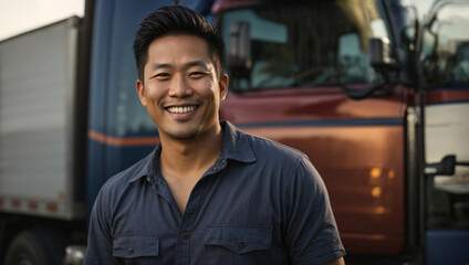 Smiling portrait of a happy young asian american male truck driver working for a trucking company - obrazy, fototapety, plakaty