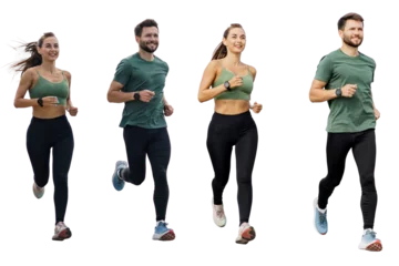 Foto op Aluminium Runners are friends of athletes in full growth active lifestyle. Sporty people in sportswear and running shoes training jogging. Transparent isolated background. © muse studio
