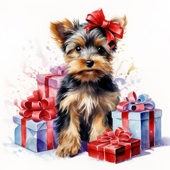 watercolor Yorkshire Terrier puppy Wearing a Santa hat, with gift boxes