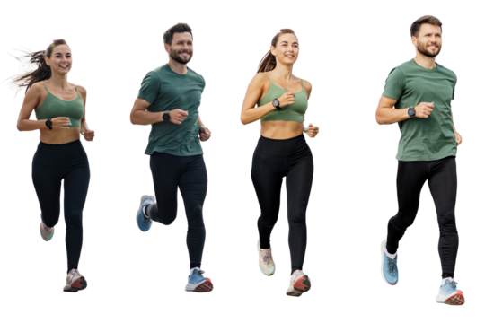 Runners are friends of athletes in full growth active lifestyle. Sporty people in sportswear and running shoes training jogging. Transparent isolated background. - Powered by Adobe