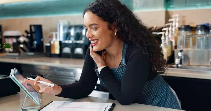 Cafe, phone call of barista and woman on tablet, typing and conversation. Coffee shop, tech and happy waiter on smartphone for writing list, order delivery and customer service at table in restaurant