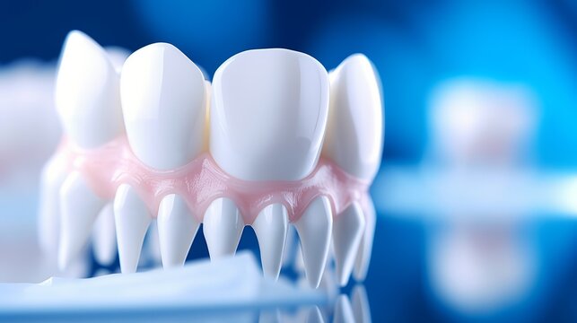 Dental equipment and model on a white blue background, concept image for dental background. panoramic banner with copy space