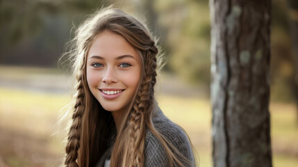 Naklejka premium Smiling teenager posing outdoors near a tree.