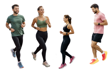 Sporty people in sportswear and running shoes training jogging. Runners are friends in a full-length active lifestyle. Transparent isolated background.