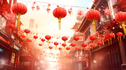 Red chinese lanterns hung in streets as decoration for chinese new year generative ai
