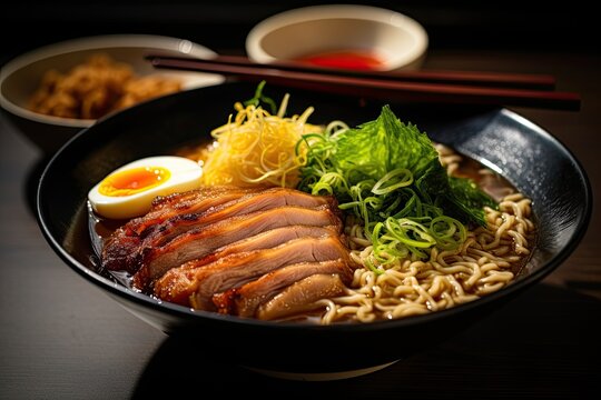 Soy-based ramen with chashu pork slices. Food photography generative AI