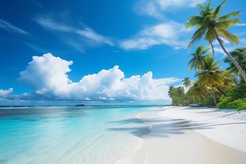 Beautiful beach with white sand, turquoise ocean water and blue sky with clouds in sunny day. Panoramic view. Natural background for summer vacation