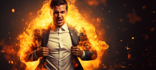 Business man standing in fire, a strong hero masters every challenge - with copy space - obrazy, fototapety, plakaty