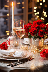 Obraz na płótnie Canvas Christmas Dinner table with roses and red decorations, New Year's decor with a Christmas tree on the background, vertical image