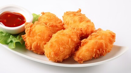 shrimp in batter with sauce, on a white plate, on a white  background