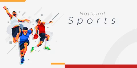 Foto op Plexiglas Banner template for national sports day runner, basketball, and volleyball background. world sports celebration © DaksaDesain