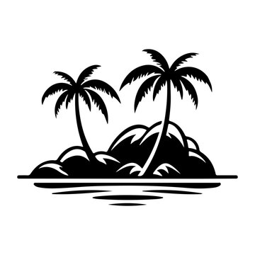 island  Silhouettes of palm trees on the beach.