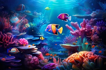 Naklejka na ściany i meble Underwater landscape with a bright yellow-violet fish in the center, a blue ocean world with many colorful fish, corals, jellyfish, 3D, realistic, cartoon