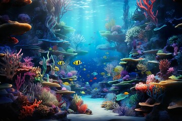Underwater world of the ocean with many colorful fish, corals, jellyfish, 3D, realistic