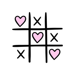 Tic-tac-toe with hearts. Tic-tac-toe game. Concept for Valentine's Day. Hand drawn vector illustration.