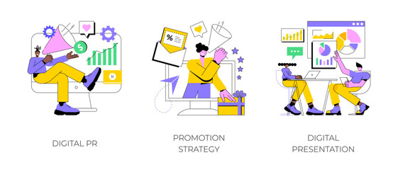Online marketing campaign abstract concept vector illustration set. Digital PR, promotion strategy, digital presentation, reputation management, customer loyalty, brand awareness abstract metaphor.