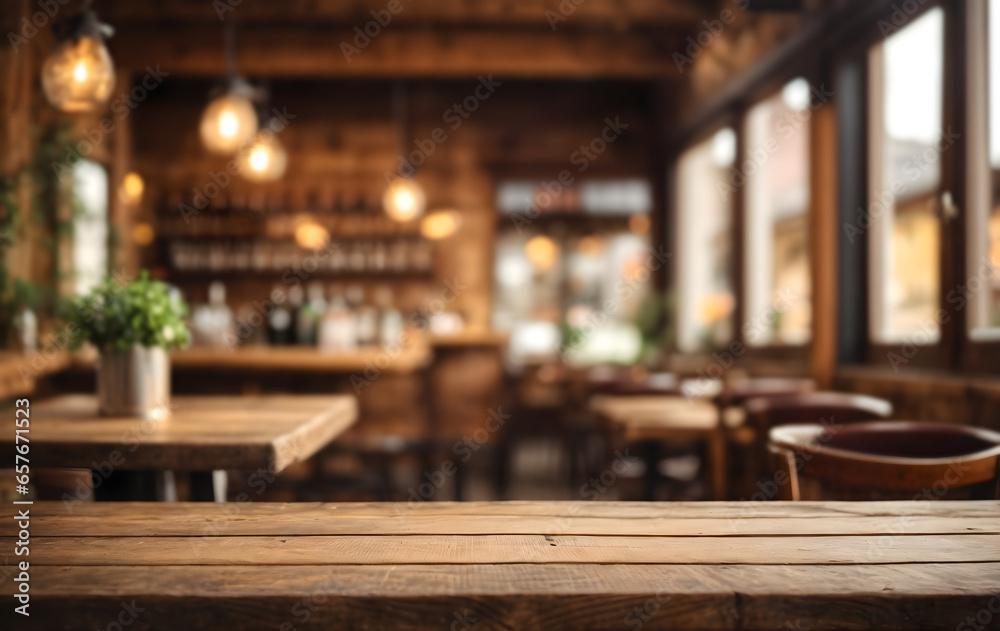 Wall mural empty wooden table with blur rustic bar restaurant cafe background