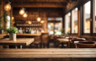 Empty wooden table with blur rustic bar restaurant cafe background - obrazy, fototapety, plakaty