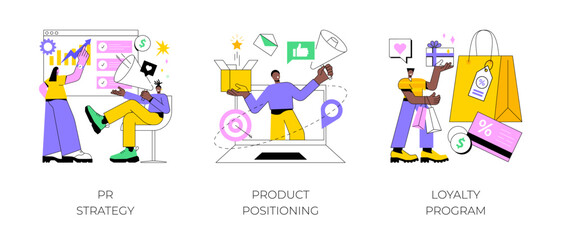 Brand communication abstract concept vector illustration set. PR strategy, product positioning, loyalty program, advertising campaign strategy, attract customer, online promotion abstract metaphor.