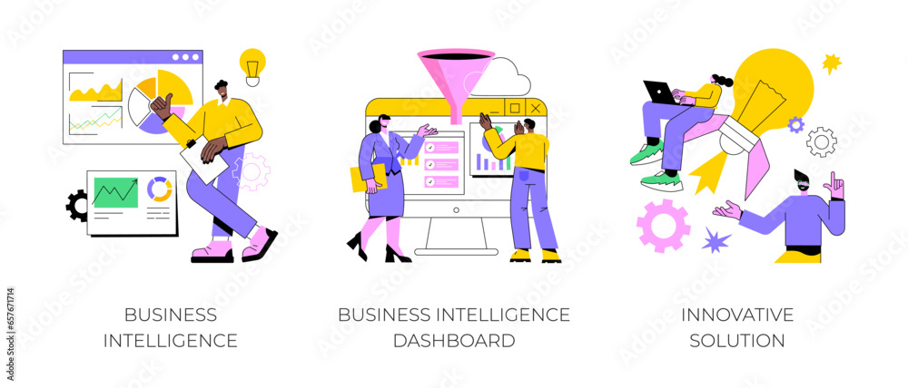 Poster performance tools and software solutions abstract concept vector illustration set. business intellig
