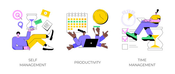 Employee performance and self-organization abstract concept vector illustration set. Self and time management, productivity, motivation software, effective job planning, control abstract metaphor. - 657671792