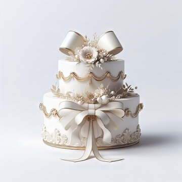 Wedding cake decorated with white flowers and gold ribbons.