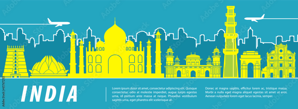 Wall mural india famous landmarks by silhouette style,vector illustration