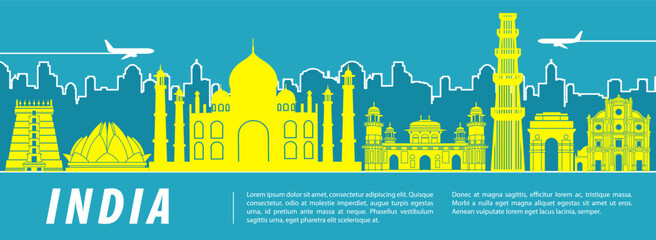 India famous landmarks by silhouette style,vector illustration