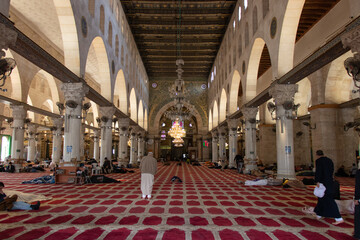 The interior inside of Al-Aqsa Mosque in the Old City of Jerusalem. Ramadan days in Jerusalem - Israel. April 2022.
