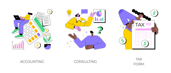 Fototapeta premium Financial information abstract concept vector illustration set. Accounting, consulting, tax form, tax filing, audit service, online application software, business strategy abstract metaphor.