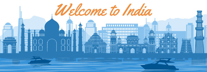India famous landmark silhouette style behind river and boat and in front of towers,vector illustration