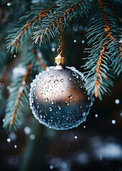 Blue Christmas ball on a fir branch close up, vertical festive Christmas card
