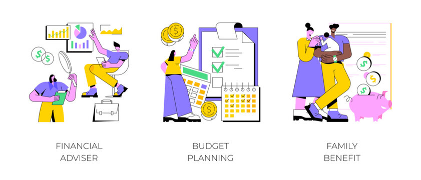 Money management abstract concept vector illustration set. Financial adviser, budget planning, family benefit, investment, financial plan, tax strategy, piggy bank, child payment abstract metaphor.