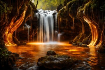 Craft a scene where a waterfall of molten gold flows into a river of liquid silver, surrounded by diamond-studded shores - obrazy, fototapety, plakaty
