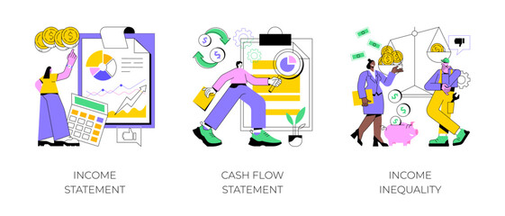 Balance sheet abstract concept vector illustration set. Income and cash flow statement, income inequality, financial plan and report, company debt, accountancy service, document abstract metaphor.