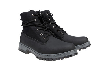 Men's black boots. Stylish winter shoes, isolated on white