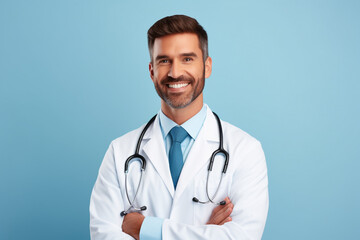 Portrait of a male doctor with a blue background