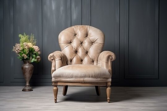 Elegant armchair with tufted detailing and an isolated beige color. Generative AI