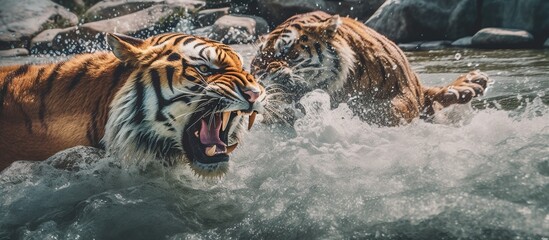 lions and tigers fight in the middle of river water flowing between rocks © gufron